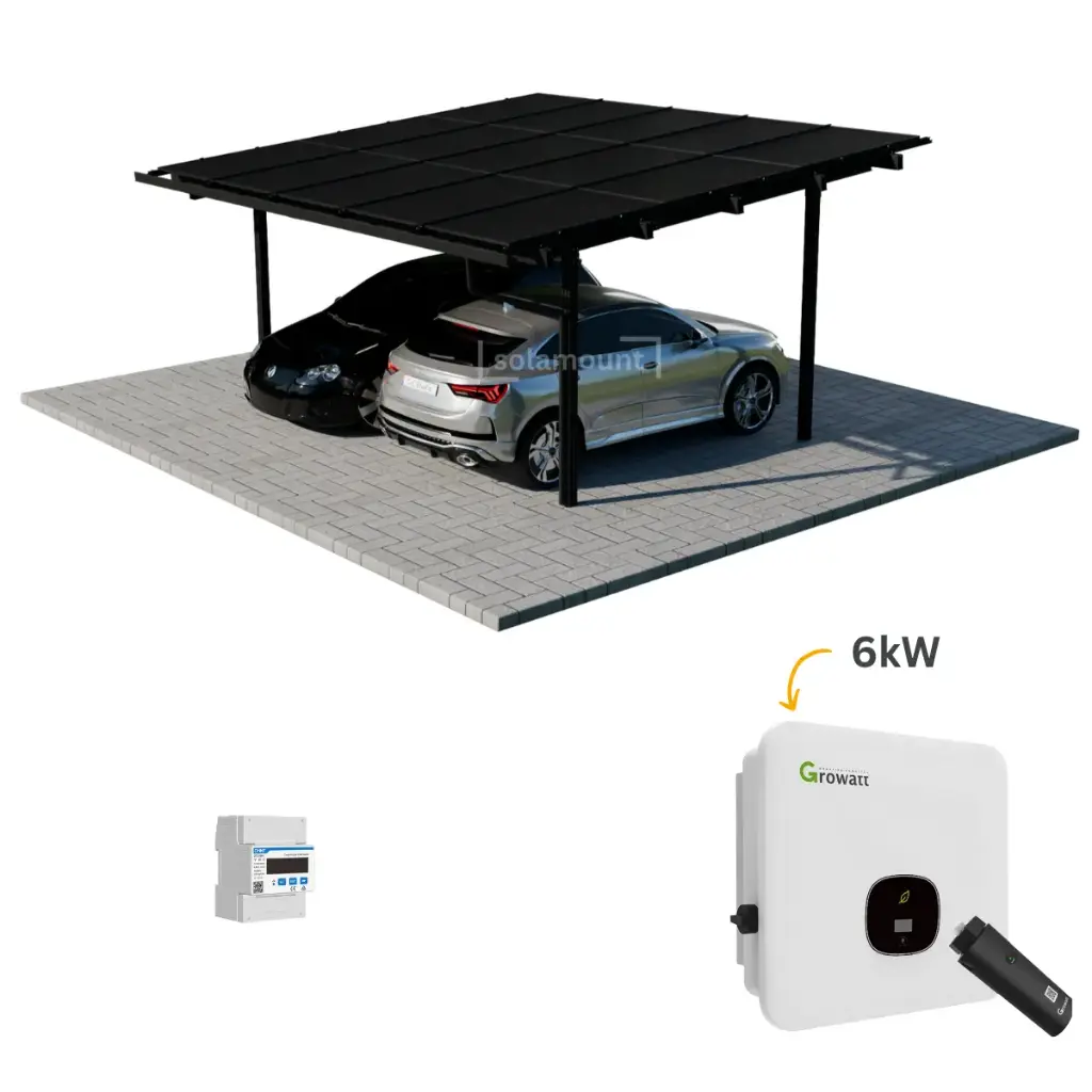 Solarcarport Komplettset für 2 Autos inkl. 15 Solarmodule & 6 kW Growatt Wechselrichter | Optional: Speicher, Wallbox & DC-ÜSS | Solamount